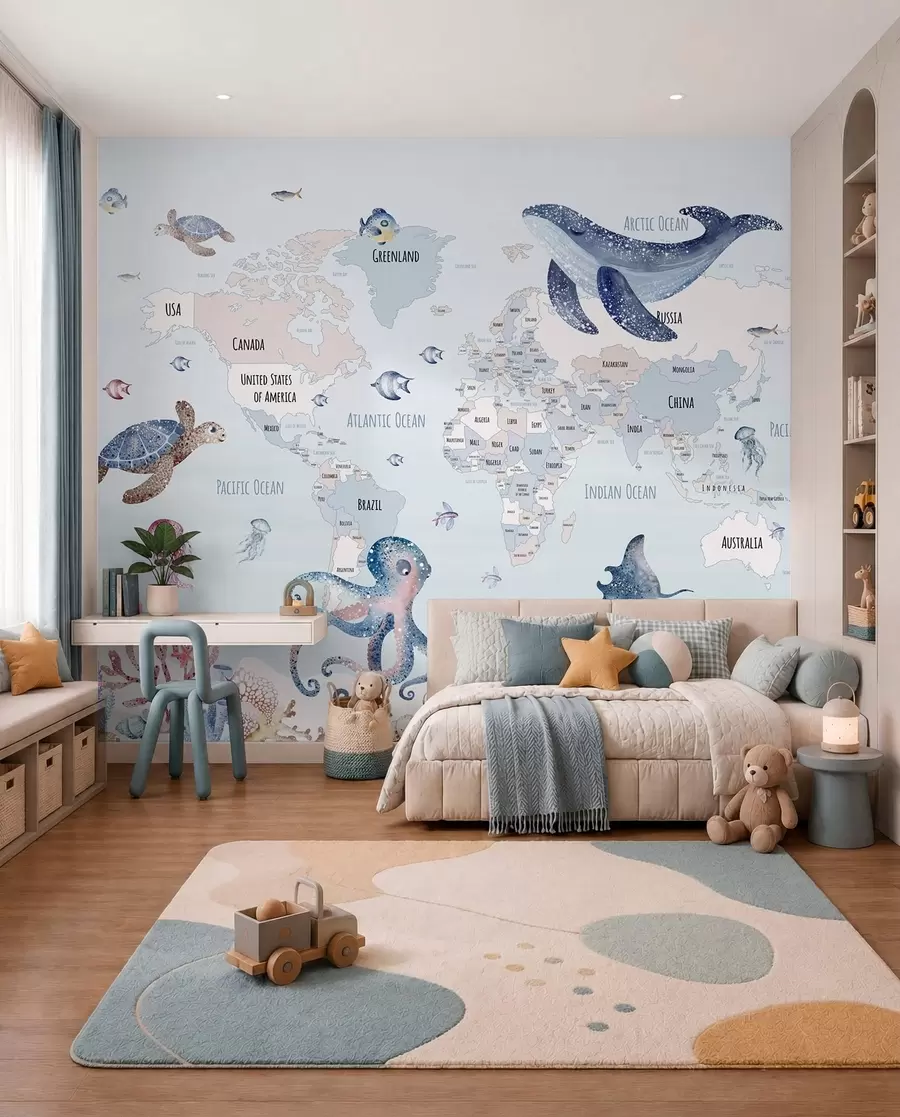 wall murals Underwater world with world map w03526