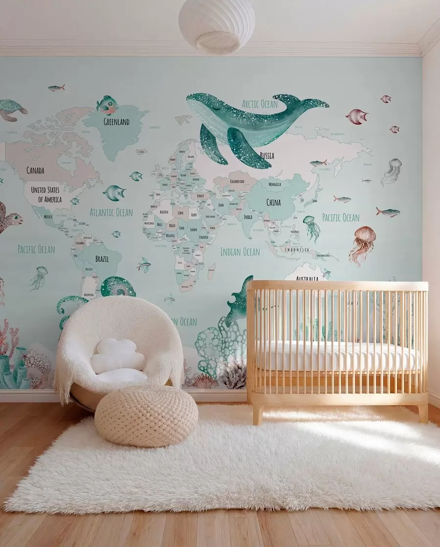 wall murals Underwater world with world map w03526v2