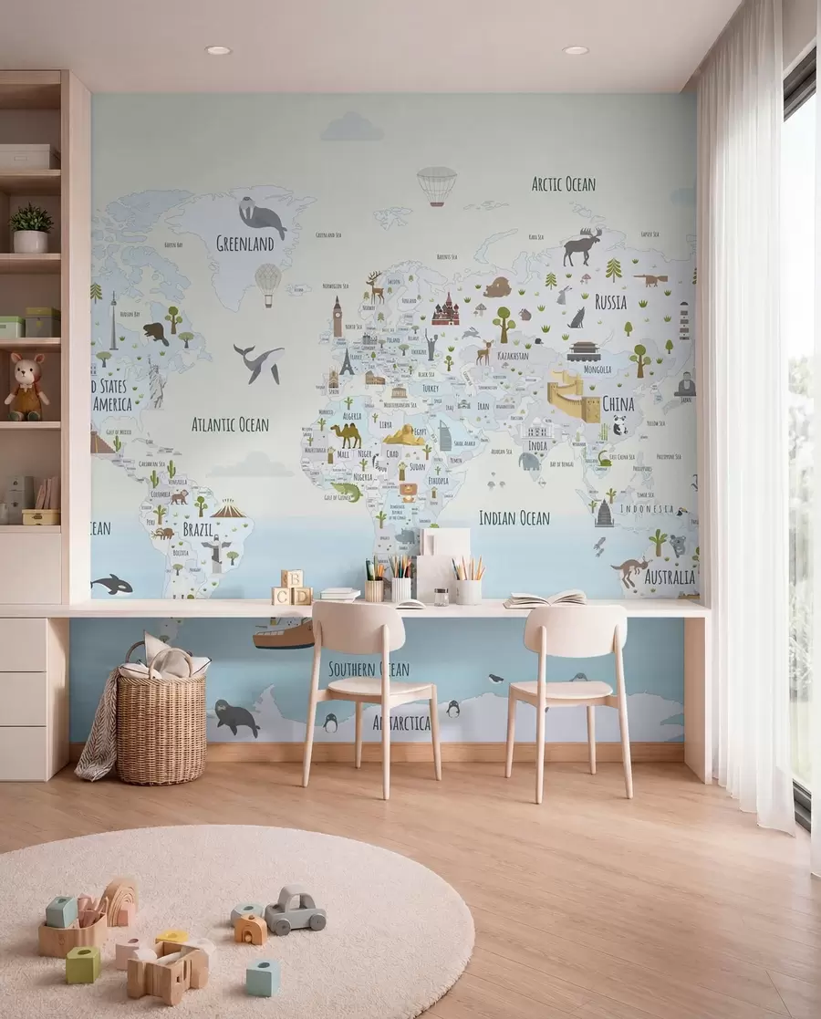 Wall Mural Photo Wallpaper World map with animals and landmarks w03410