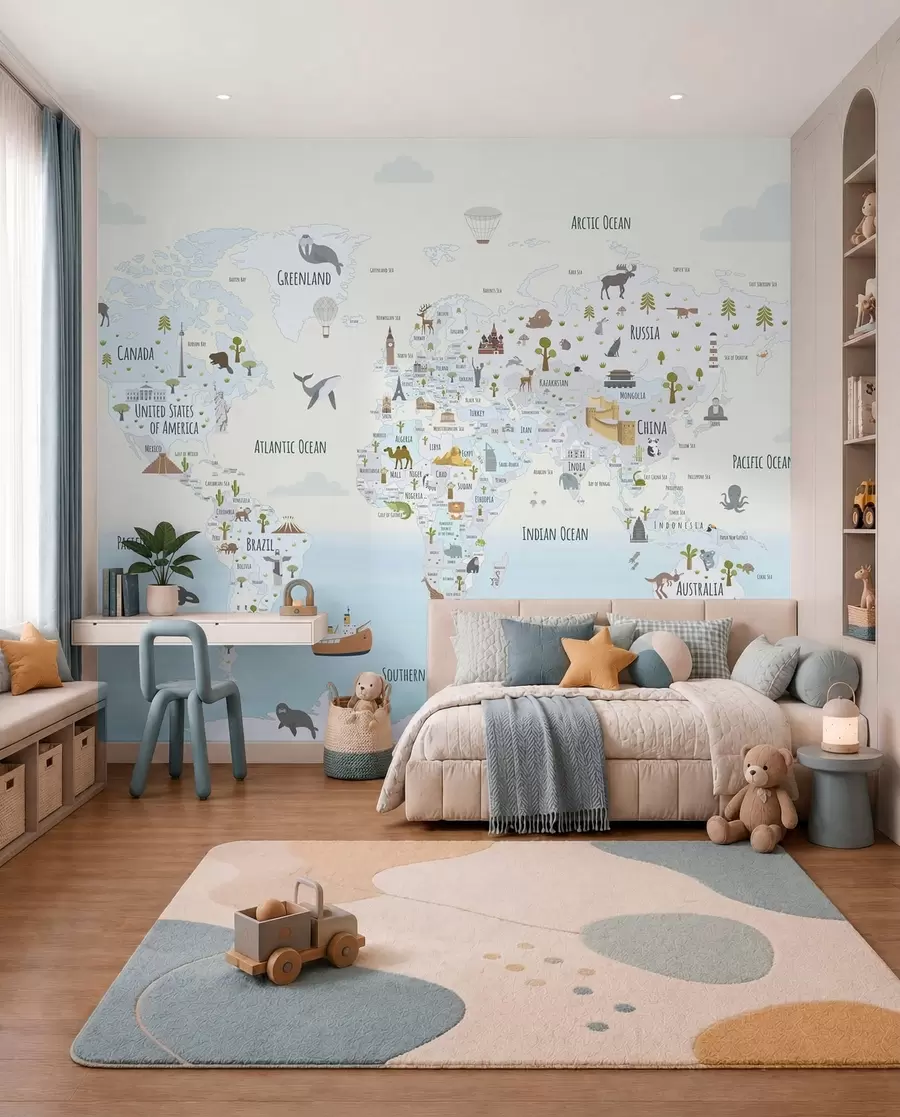murales Mapamundi con animales y puntos de referencia w03410
