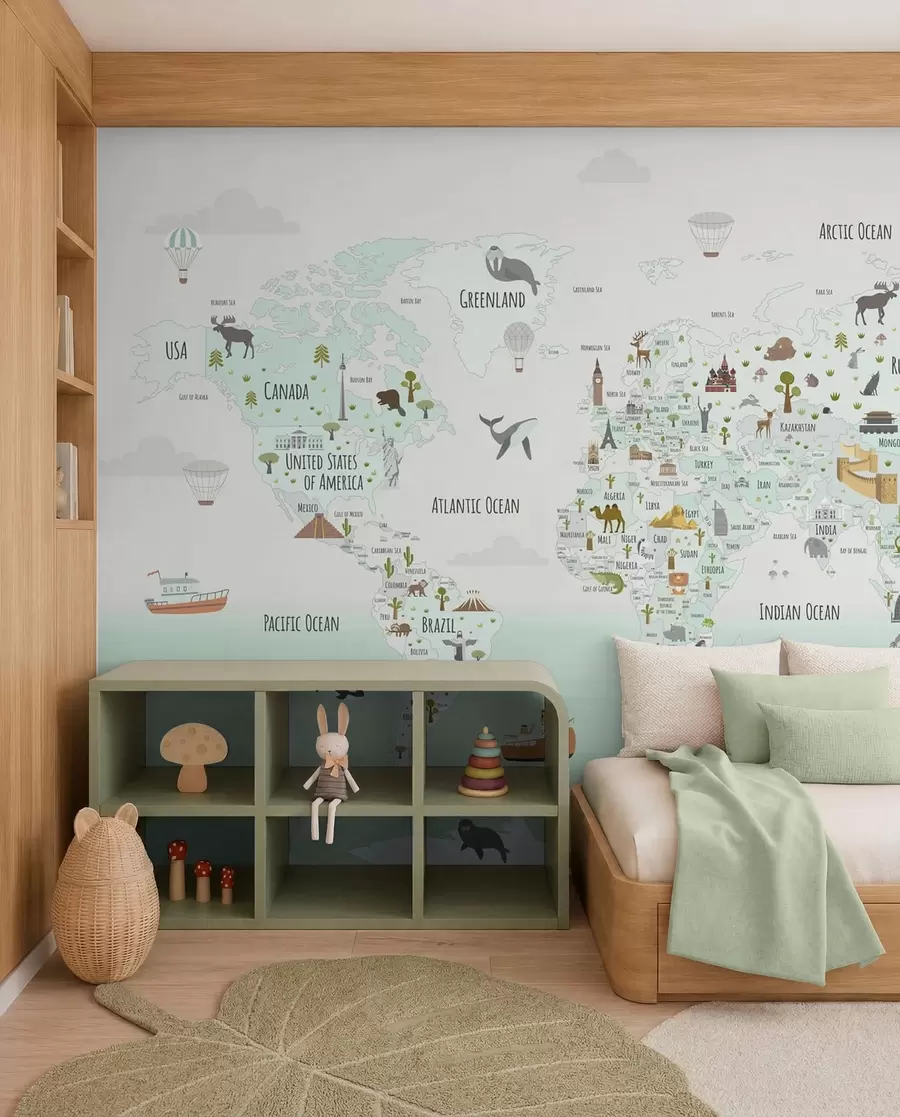 murales Mapamundi con animales y puntos de referencia w03410v2