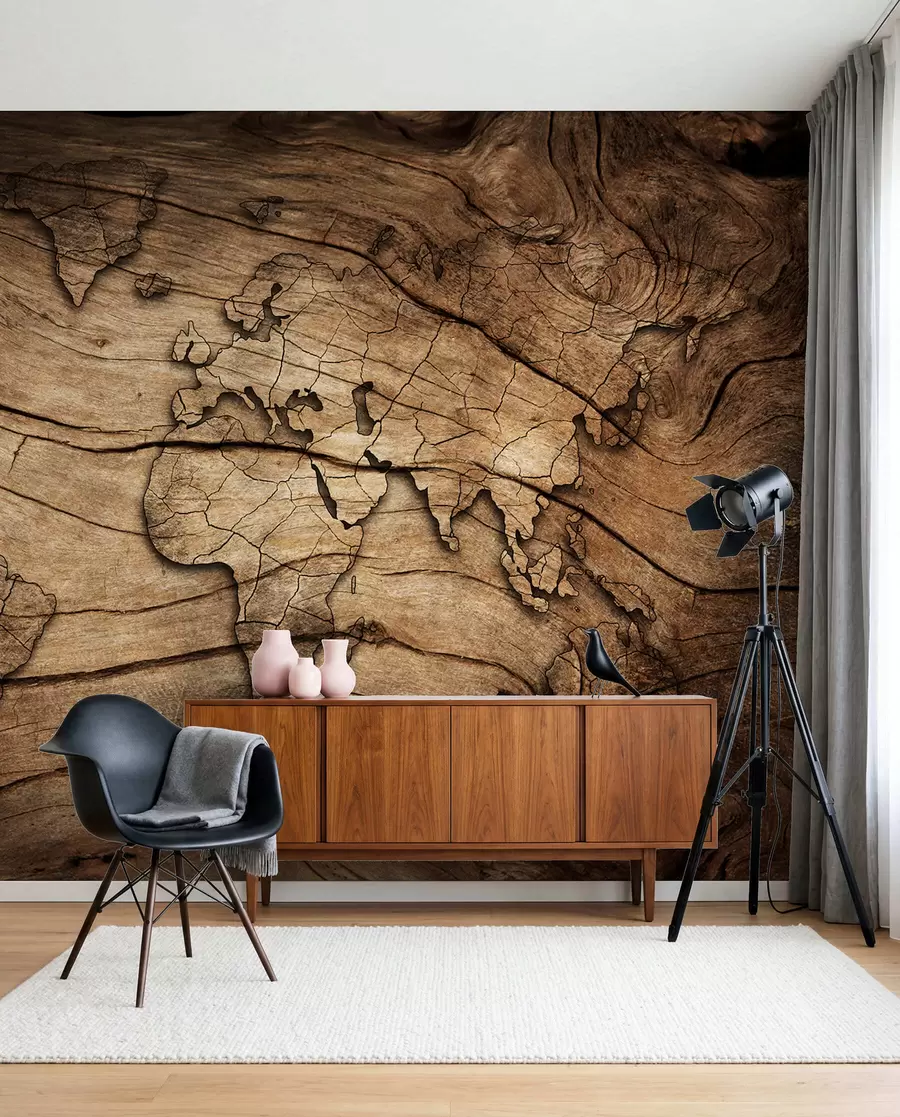 Wall Mural Photo Wallpaper World map on wood u53146