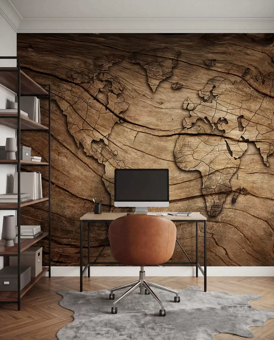 wall murals World map on wood u53146