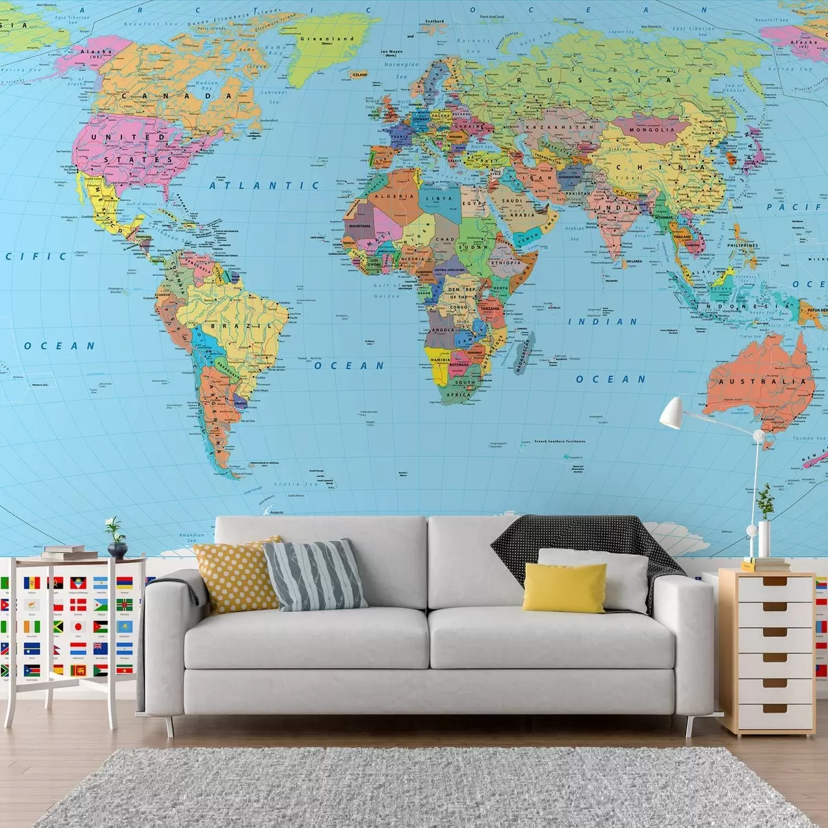 wall murals World map with country flags u60137
