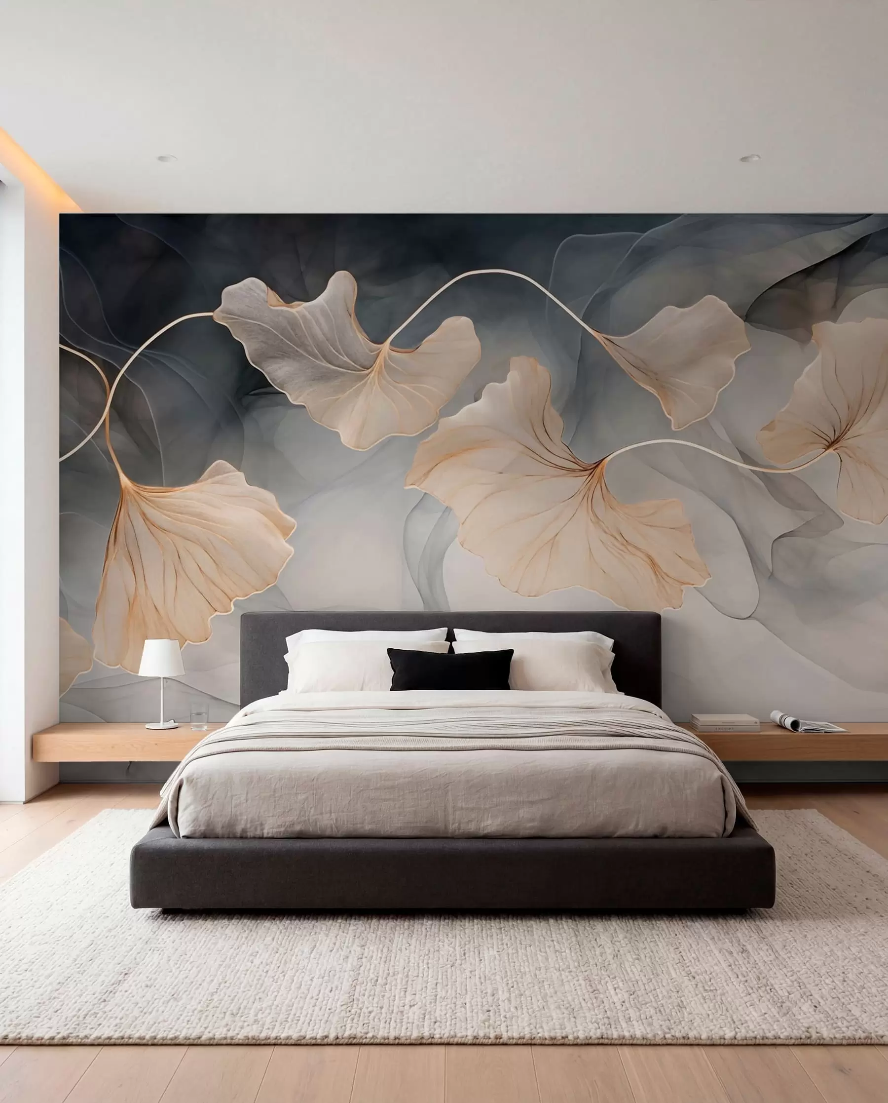 wall murals Ginkgo in Charcoal and Gold w03511