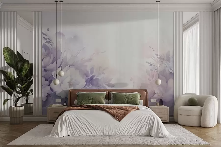 murales Grandes y delicadas flores lilas, imitación de acuarela w08946