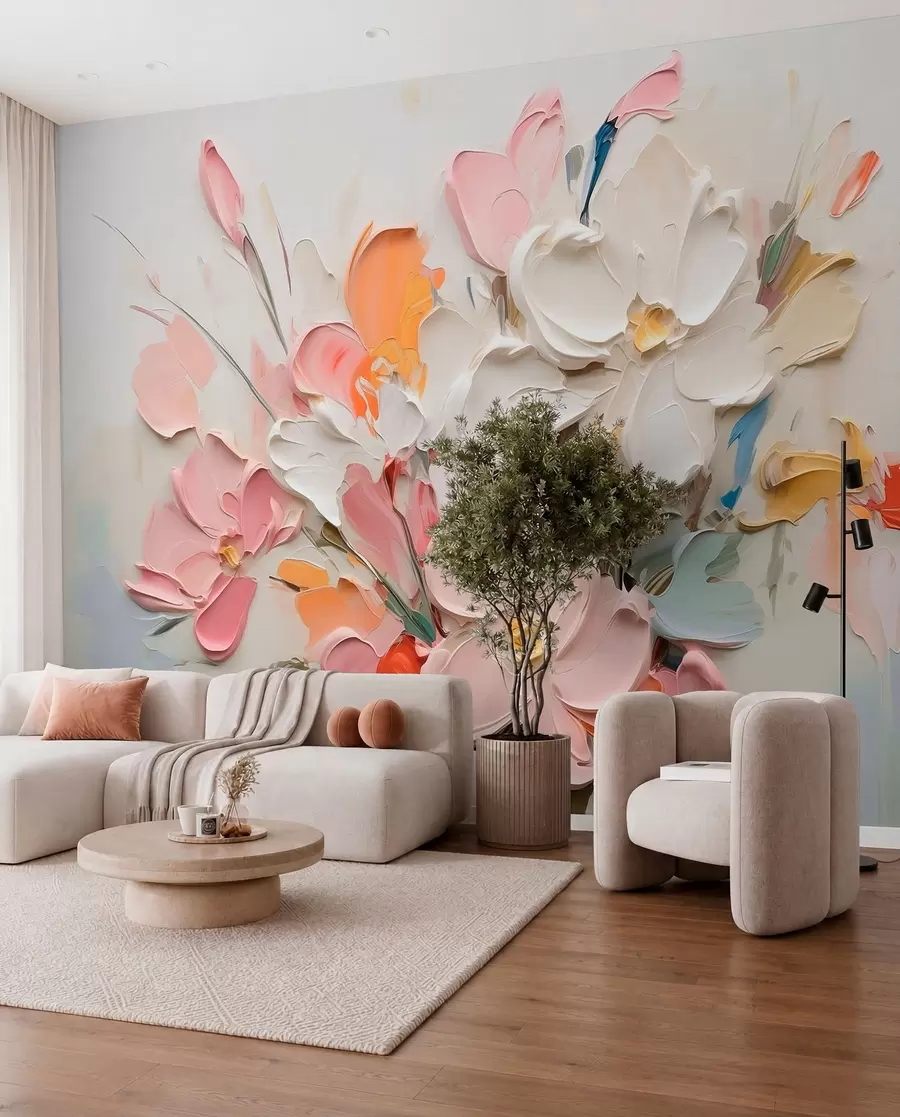 Wall Mural Photo Wallpaper Abstract volumetric flowers in oil painting style w03582