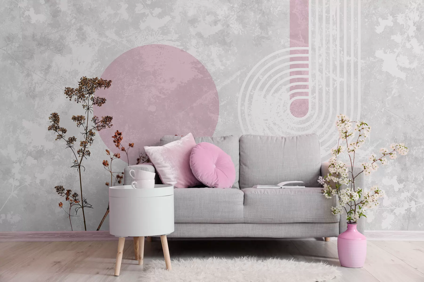 wall murals grunge modern geometry with dried flowers w03459