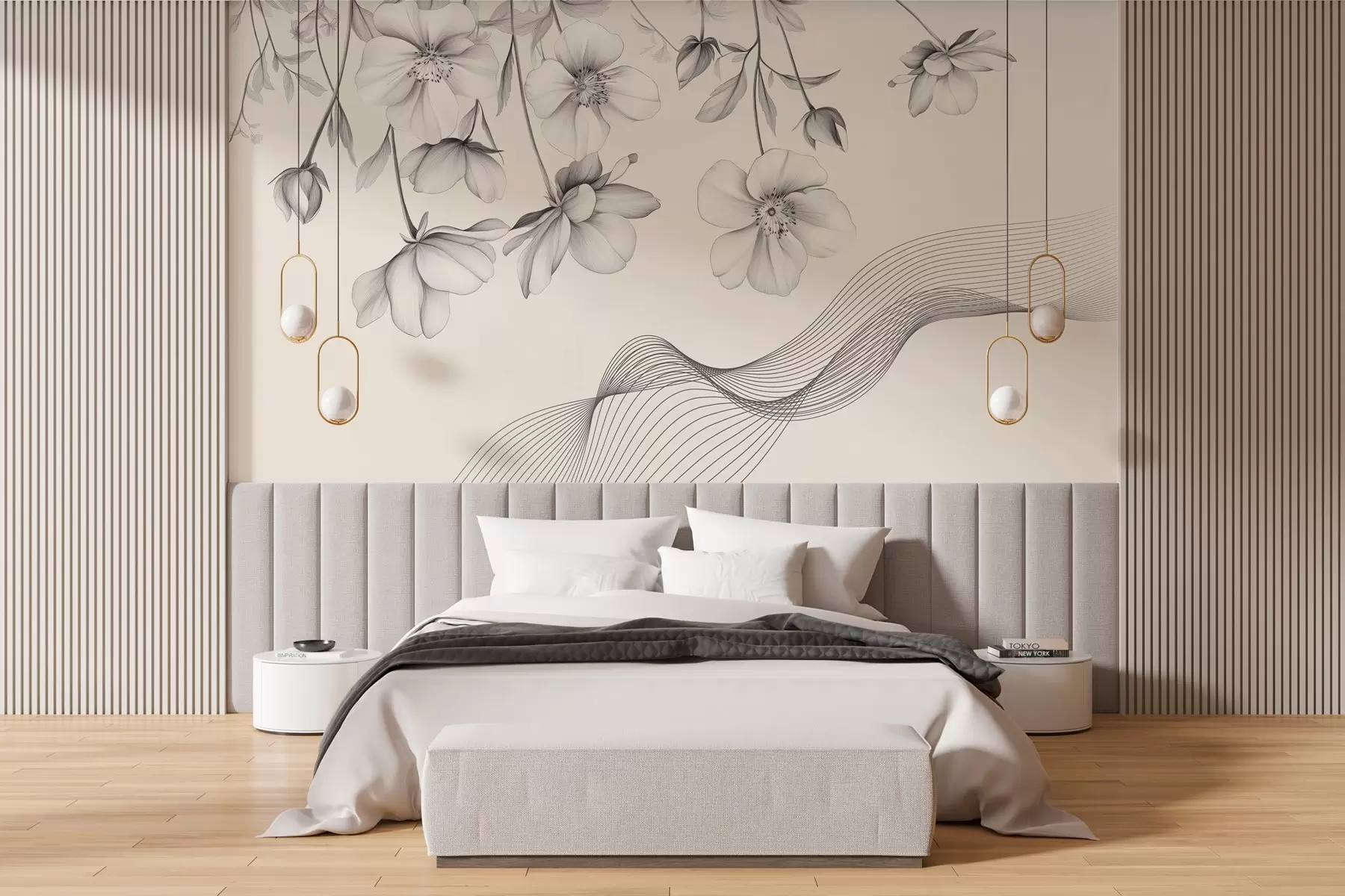 Wall Mural Photo Wallpaper graphic flowers and lines on a light background w03454