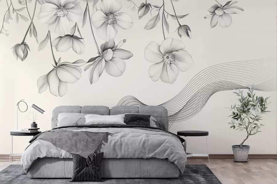 murais de parede flores gráficas e linhas sobre um fundo claro w03454