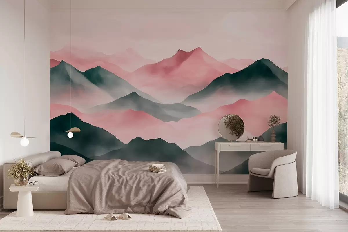 murales Paisajes de montaña, estilo acuarela, niebla, rosa y gris w03548v1