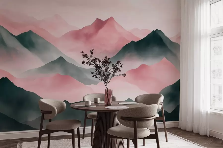 murales Paisajes de montaña, estilo acuarela, niebla, rosa y gris w03548v1