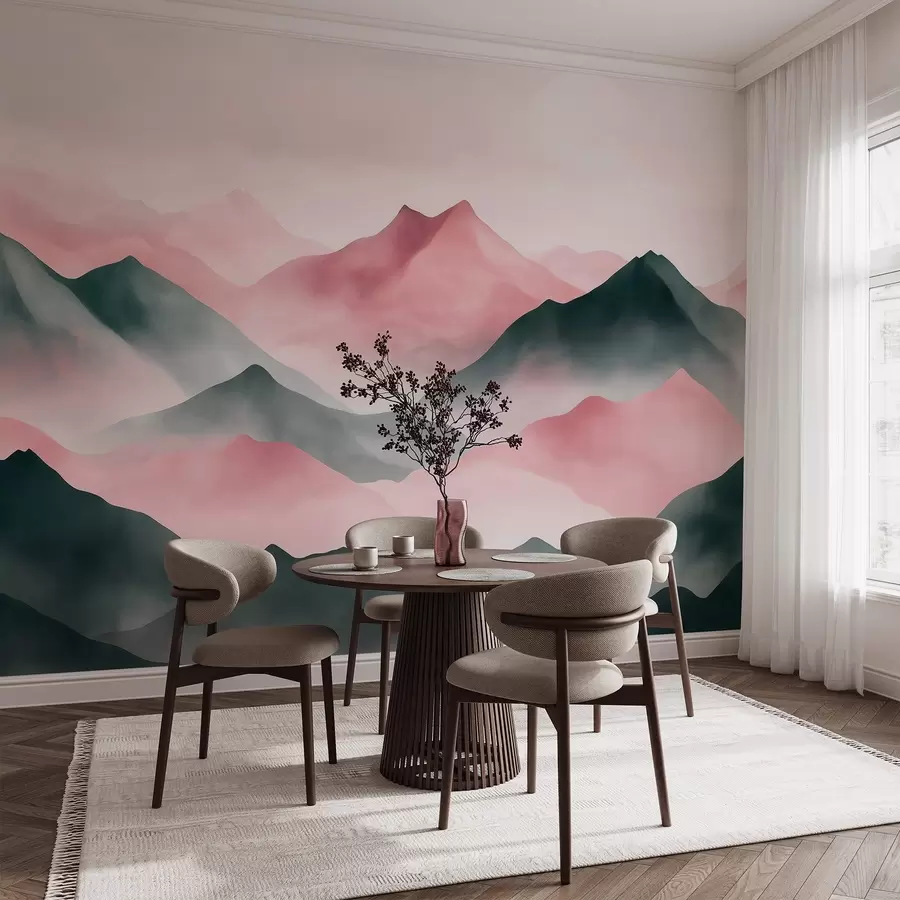 Wall Mural Photo Wallpaper Mountains landscapes, watercolor style, mist, pink and grey w03548v1