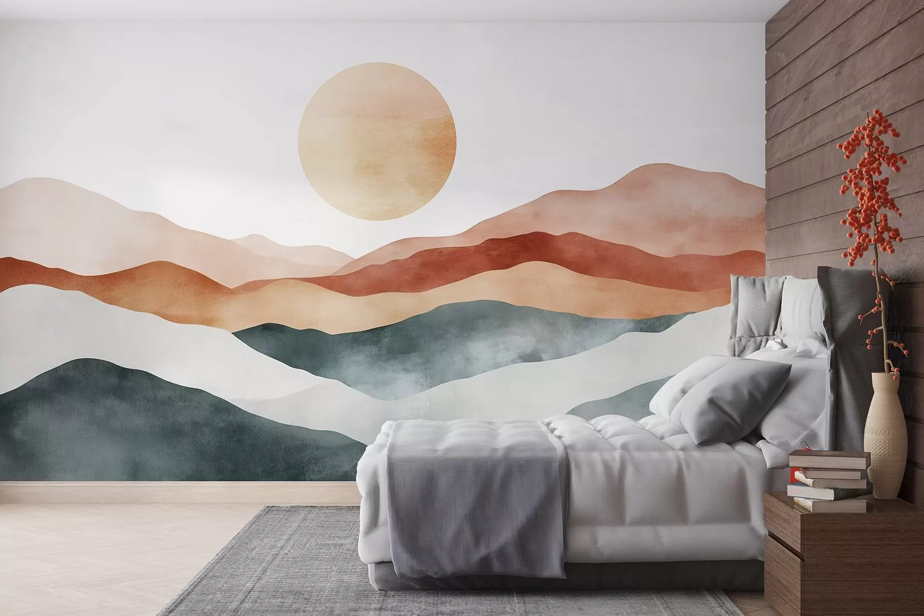 peintures murales Aquarelle de montagnes avec le soleil, style boho, rouge, orange, gris w03551