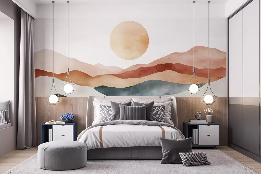 Wall Mural Photo Wallpaper Watercolor mountains with the Sun, boho style, red, orange, grey w03551