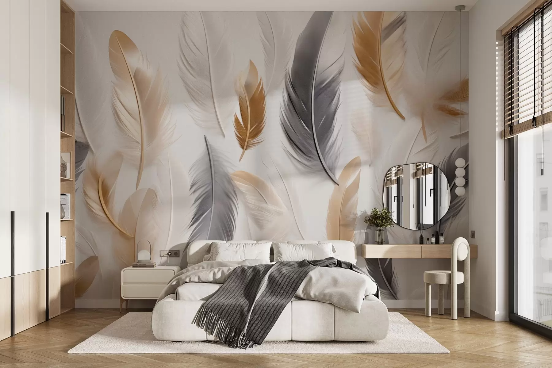 murales Plumas beige-gris en tonos suaves y tranquilos w08955