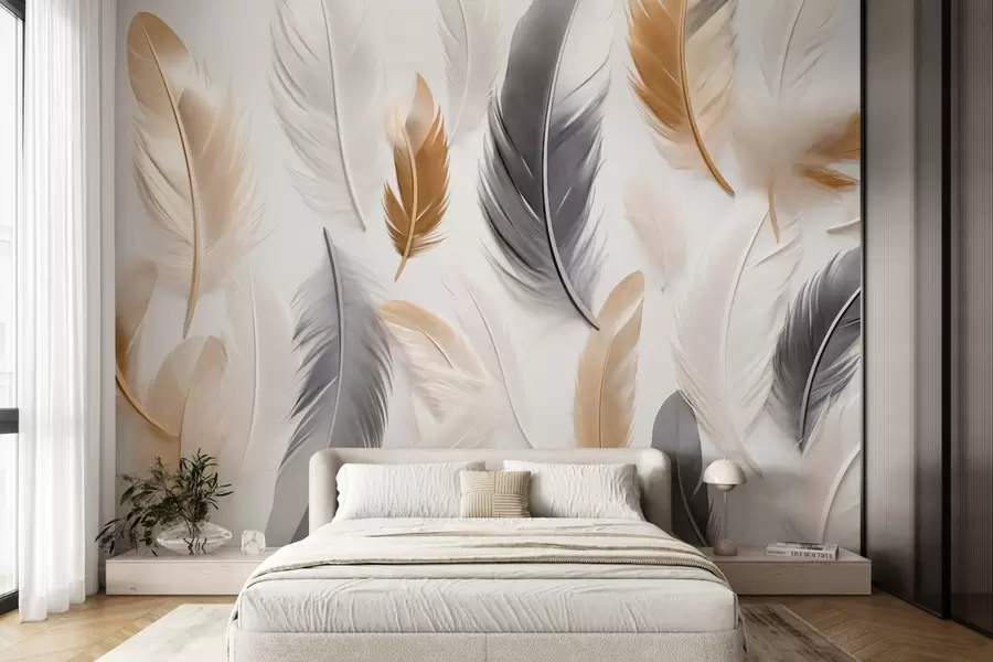 murales Plumas beige-gris en tonos suaves y tranquilos w08955