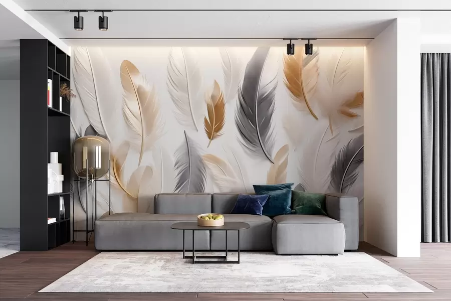 peintures murales Plumes beige-gris dans des tons doux et calmes w08955