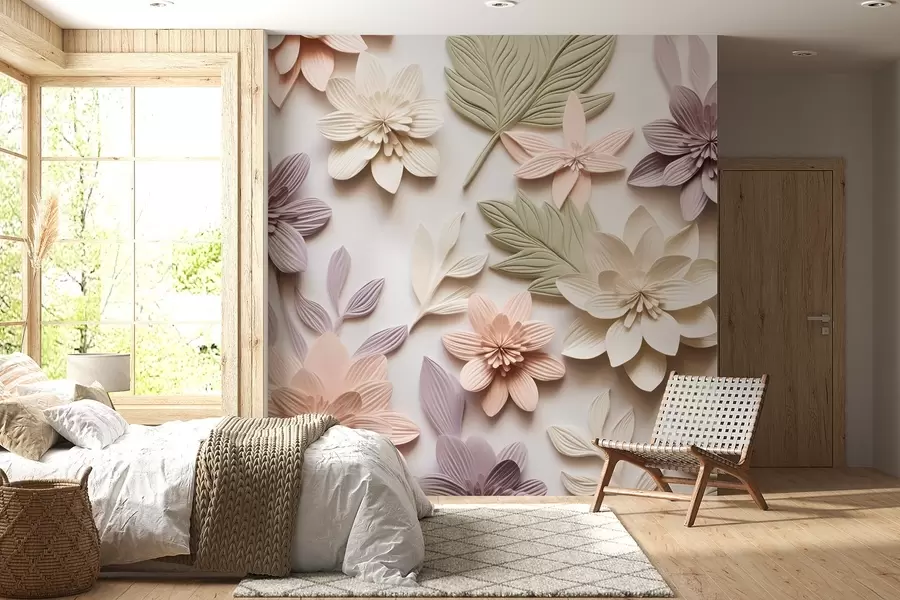 murais de parede relevo floral em 3D sob a forma de uma composição em papel w08958