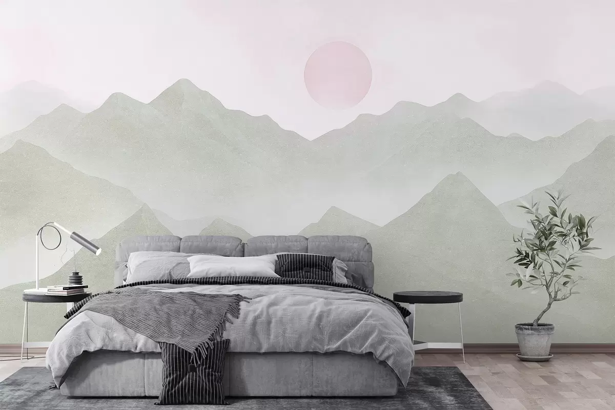 Wall Mural Photo Wallpaper Boho style mountains landscape, sunset, soft pastel, green w03547