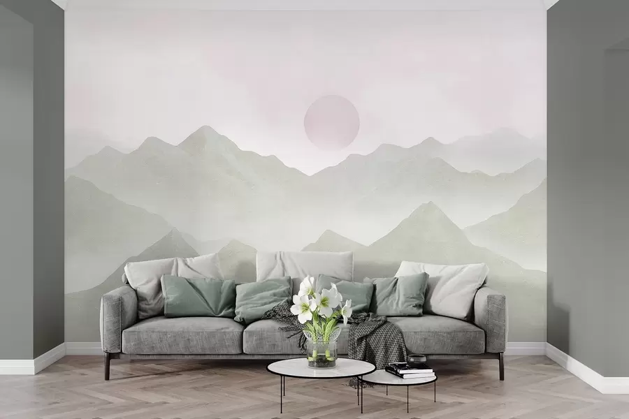 peintures murales Paysage de montagne de style boho, coucher de soleil, pastel doux, vert w03547