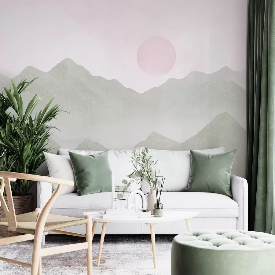 Wall Mural Photo Wallpaper Boho style mountains landscape, sunset, soft pastel, green w03547