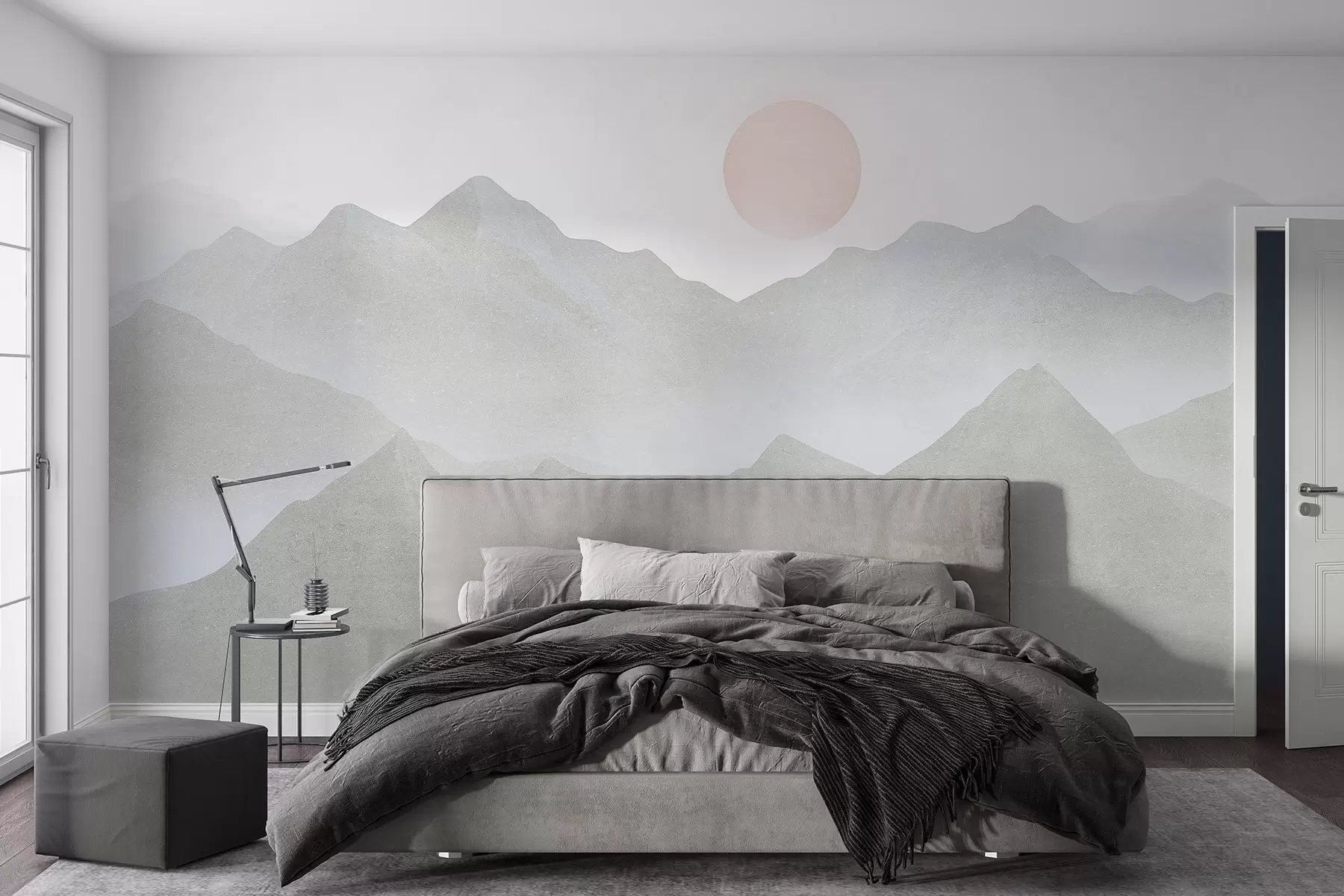 wall murals Boho style mountains landscape, sunset, soft pastel, grey w03547v1