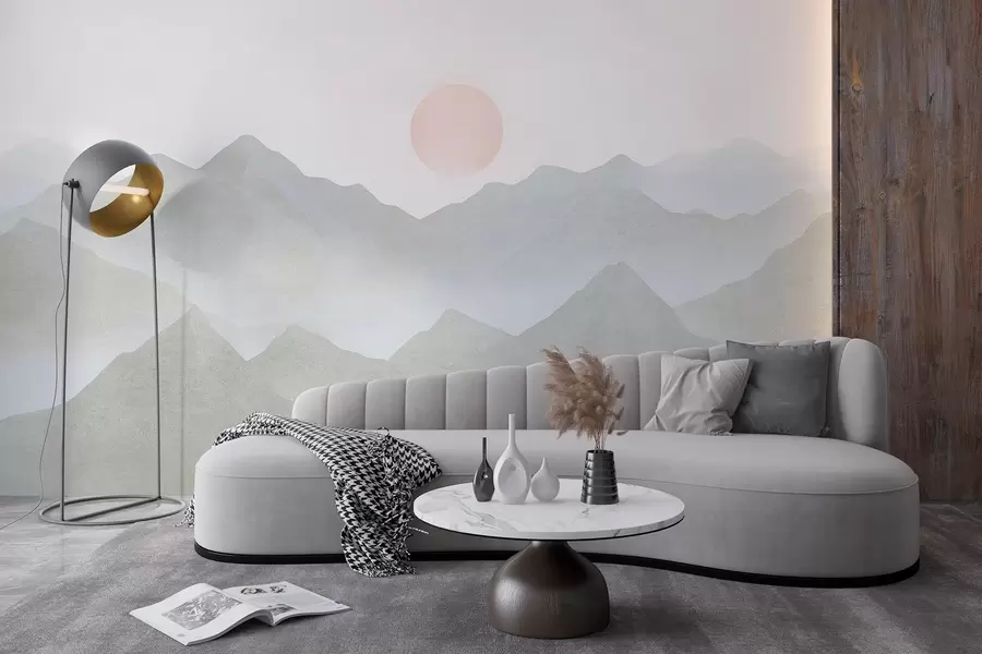 murales Paisaje de montaña estilo boho, puesta de sol, pastel suave, gris w03547v1