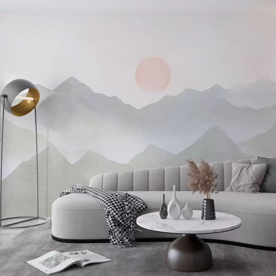 Wall Mural Photo Wallpaper Boho style mountains landscape, sunset, soft pastel, grey w03547v1