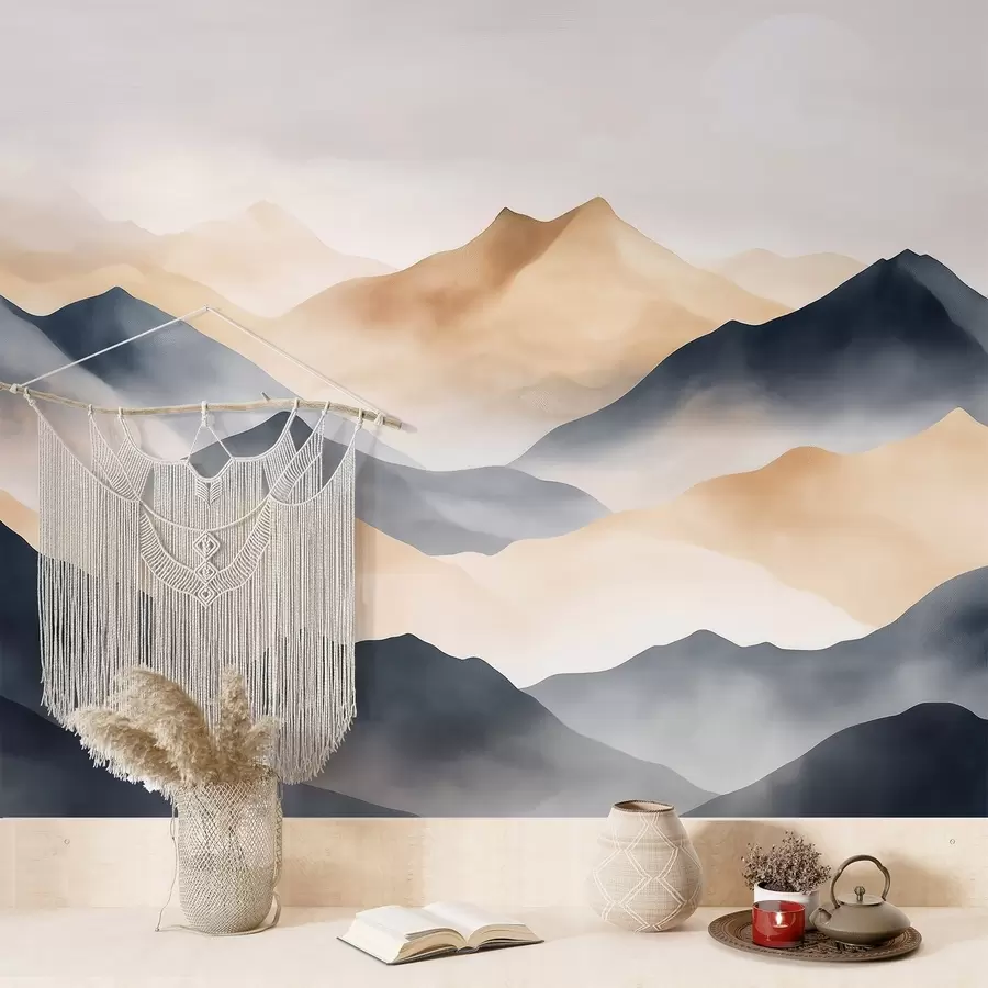 peintures murales Paysages de montagne, style aquarelle, brume, beige et gris w03548