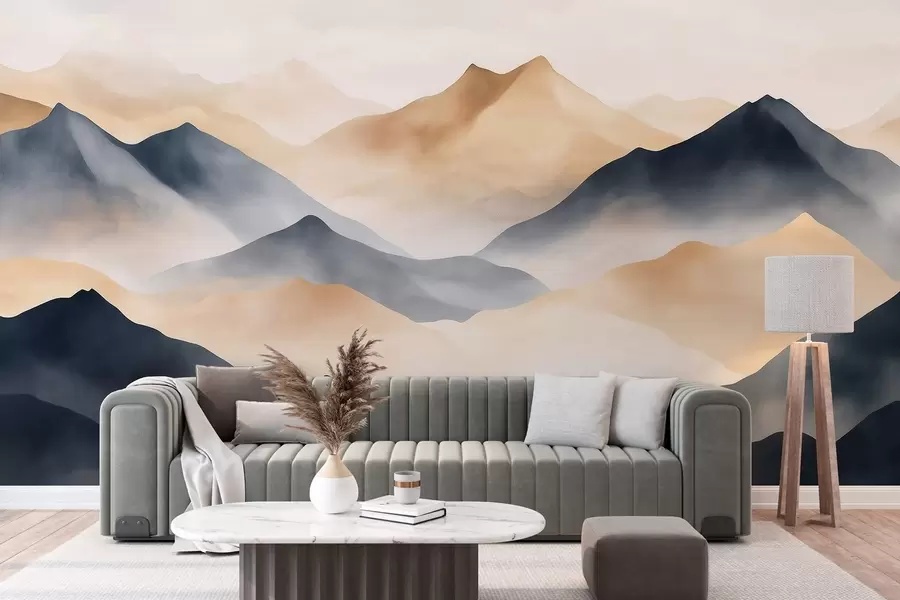 wall murals Mountains landscapes, watercolor style, mist, beige and grey w03548