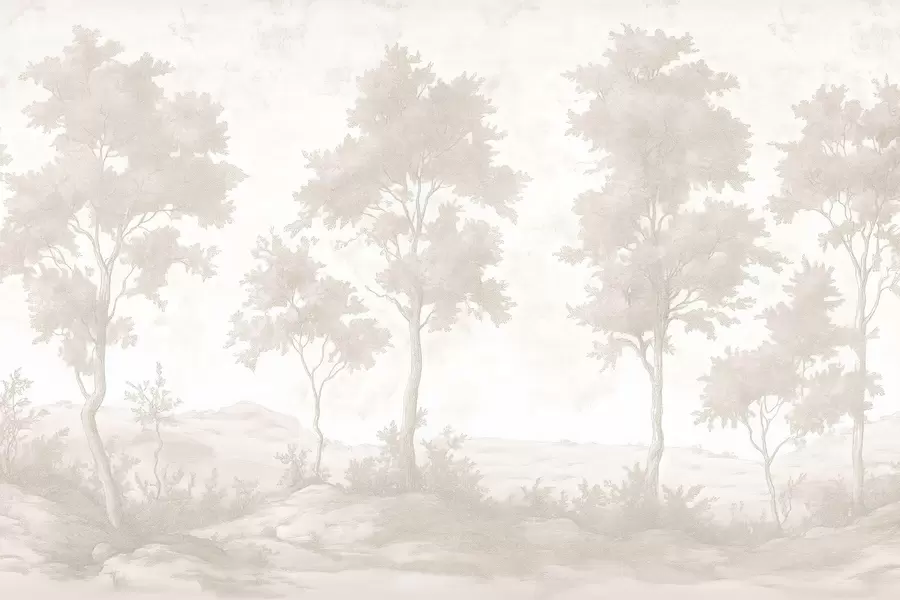 murales Árboles en la colina, dibujo estilo pastel, colores beige, rústico w03550