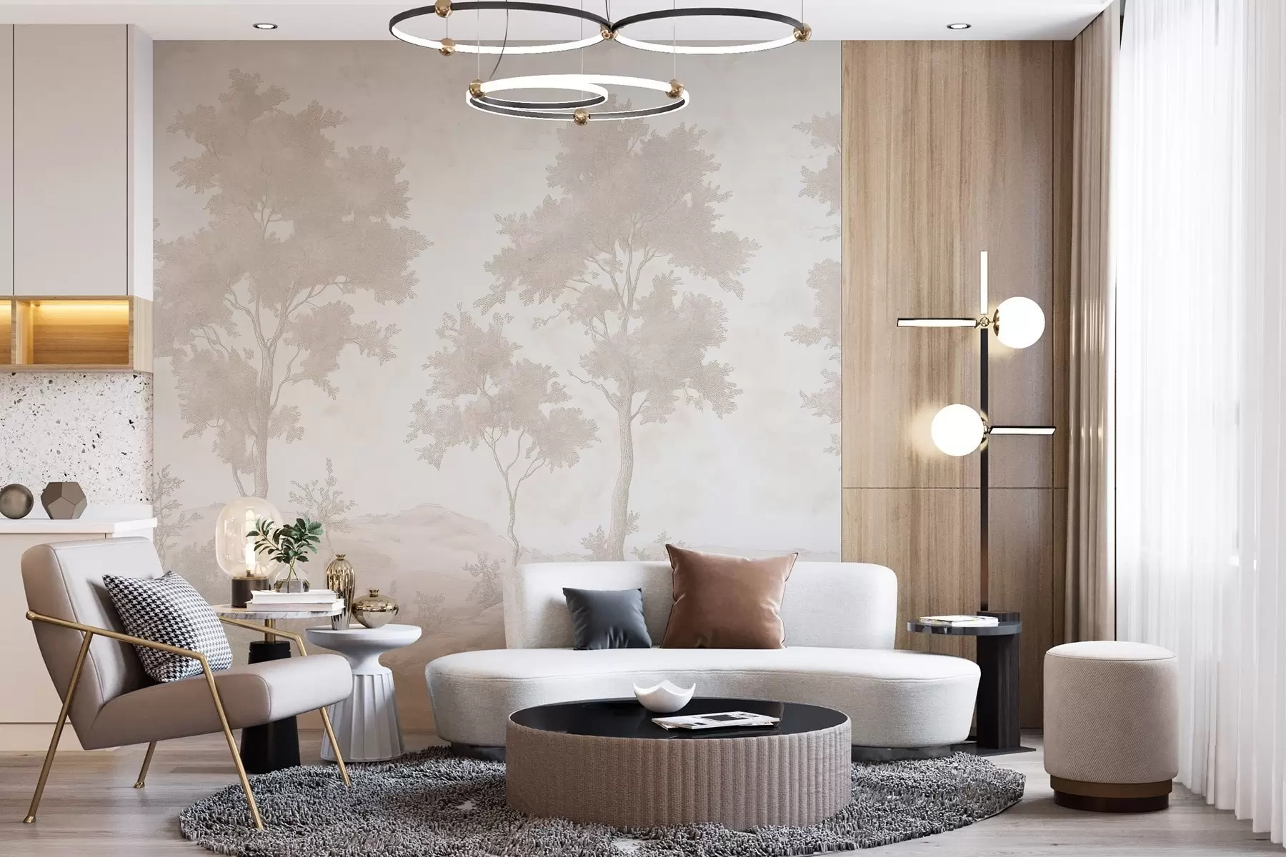 Wall Mural Photo Wallpaper Trees on the hill, pastel style drawing, beige colors, rustic w03550