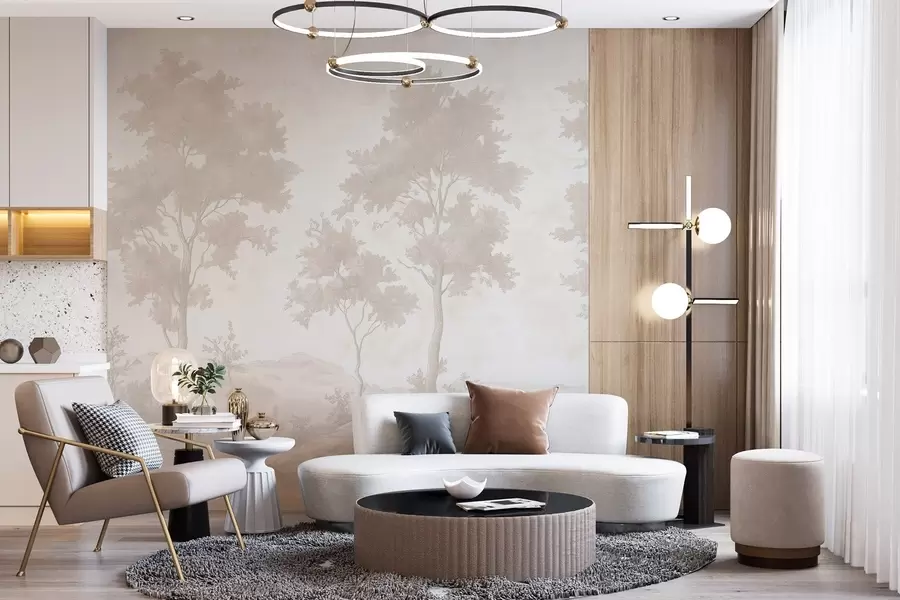 peintures murales Arbres sur la colline, dessin de style pastel, couleurs beiges, rustique w03550