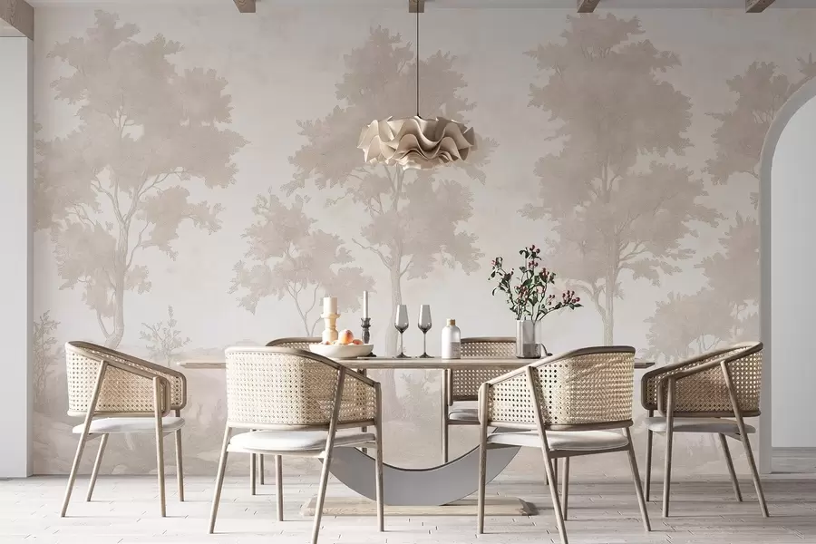 Wall Mural Photo Wallpaper Trees on the hill, pastel style drawing, beige colors, rustic w03550