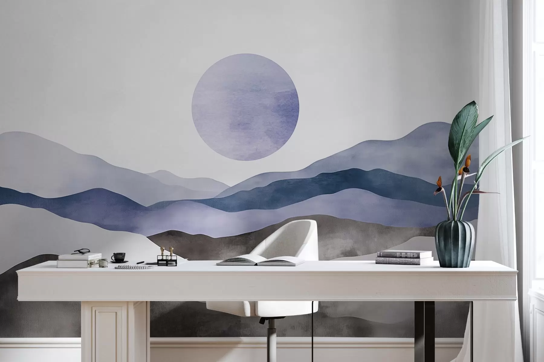 Wall Mural Photo Wallpaper Watercolor mountains with the Sun, boho style, purple, blue, grey w03551v1