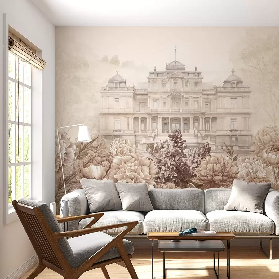 murais de parede Palácio real com jardim de peónias, estilo aguarela, natureza, cores bege, boho w03552