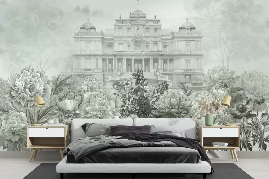 Wall Mural Photo Wallpaper Royal palace with peony garden, watercolor style, nature, green colors, boho w03552v2