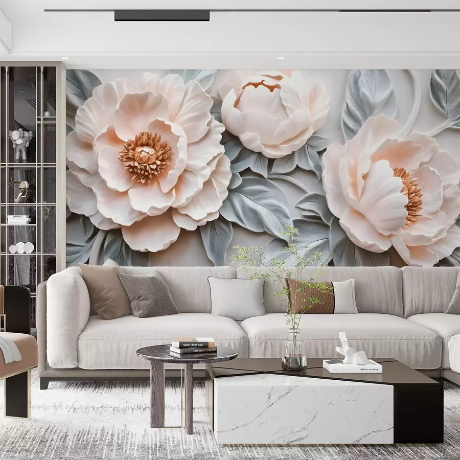 Wall Mural Photo Wallpaper Magnificent large peonies with leaves in fresco style w08954
