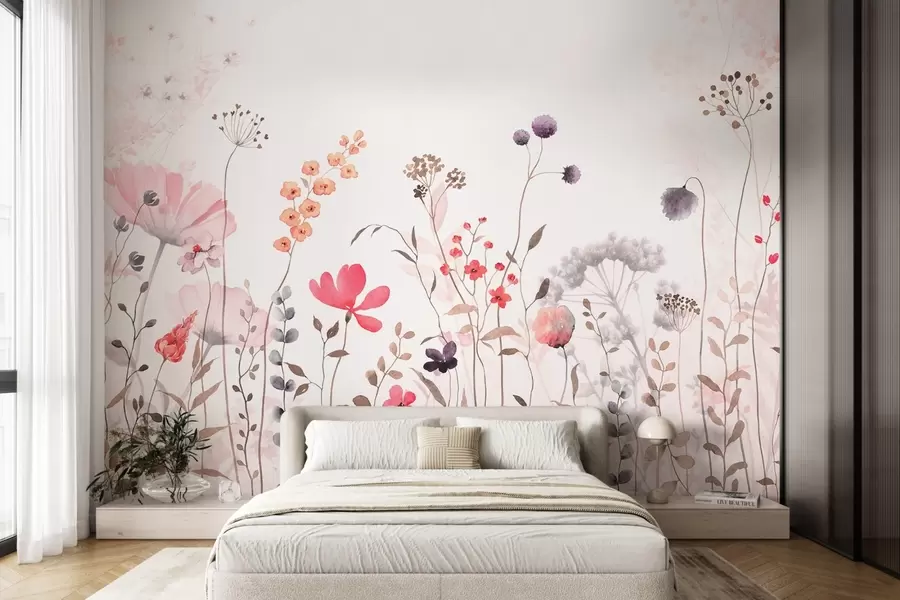 murales Flores silvestres estilo acuarela con amapolas, crisantemos, dientes de león y hierba w08956