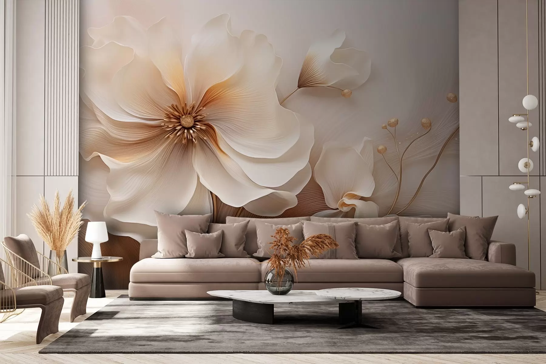 murais de parede Relva selvagem bege e castanha clara com flores em tons de bege w08960