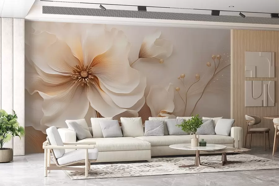 Wall Mural Photo Wallpaper Beige and light brown wild grasses with flowers in beige tones w08960