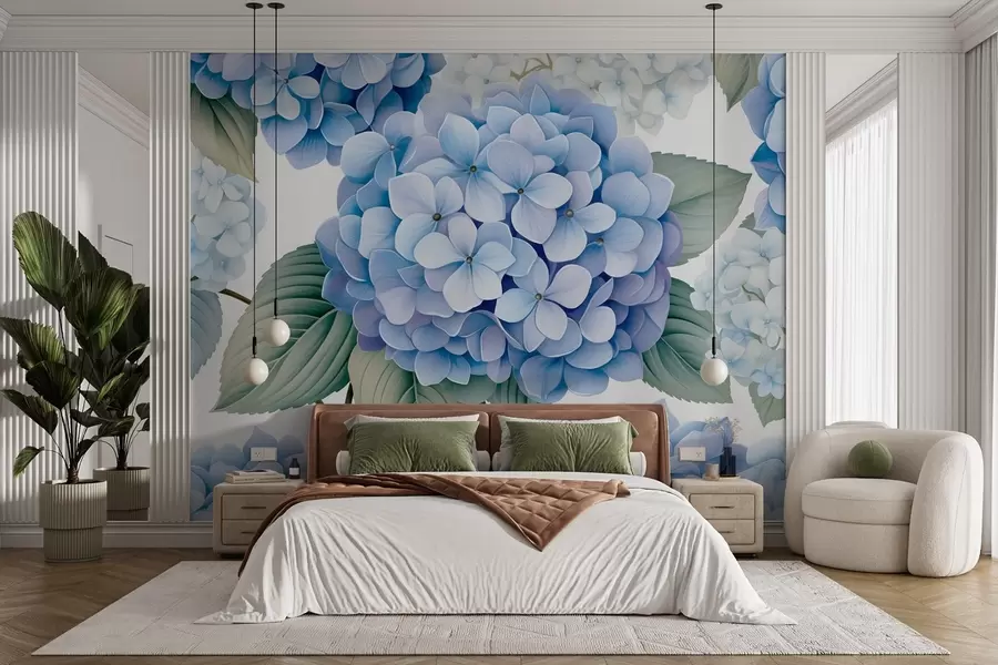 Wall Mural Photo Wallpaper Composition with delicate blue hydrangeas and leaves w08961