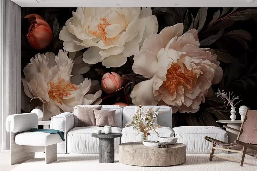 murales Grandes peonías blancas con capullos rojos sobre fondo oscuro w08965