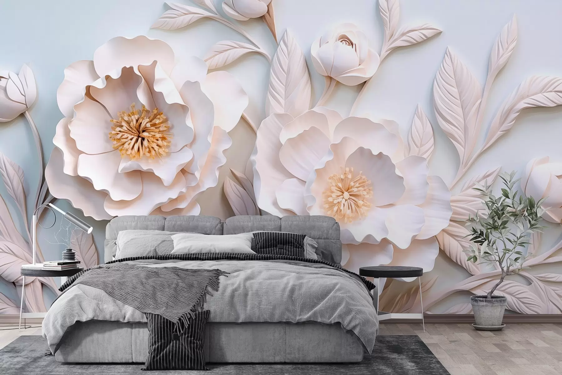 wall murals 3D relief peonies in fresco style with a yellow accent w08967