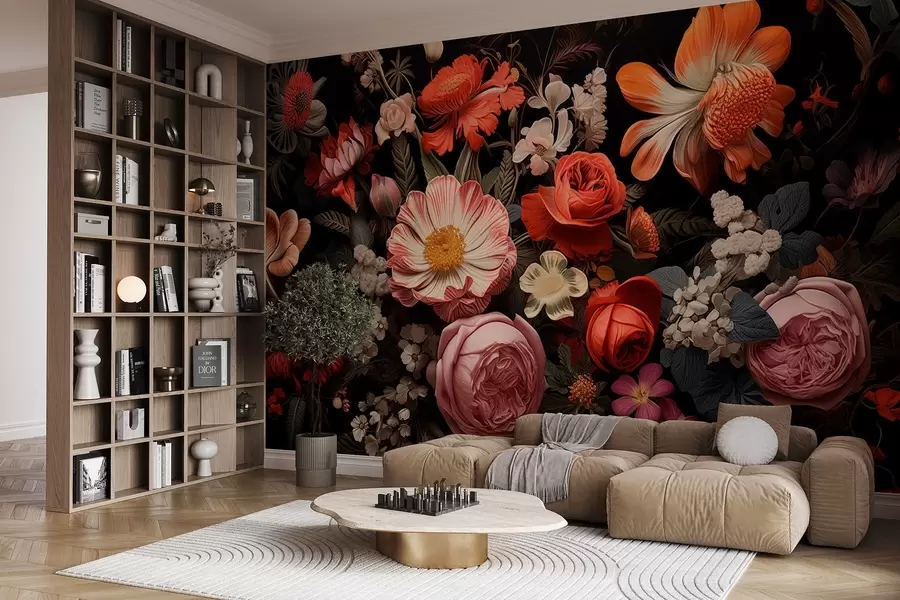 murales Colorido ramo de flores variadas sobre fondo oscuro en tonos cálidos w08969