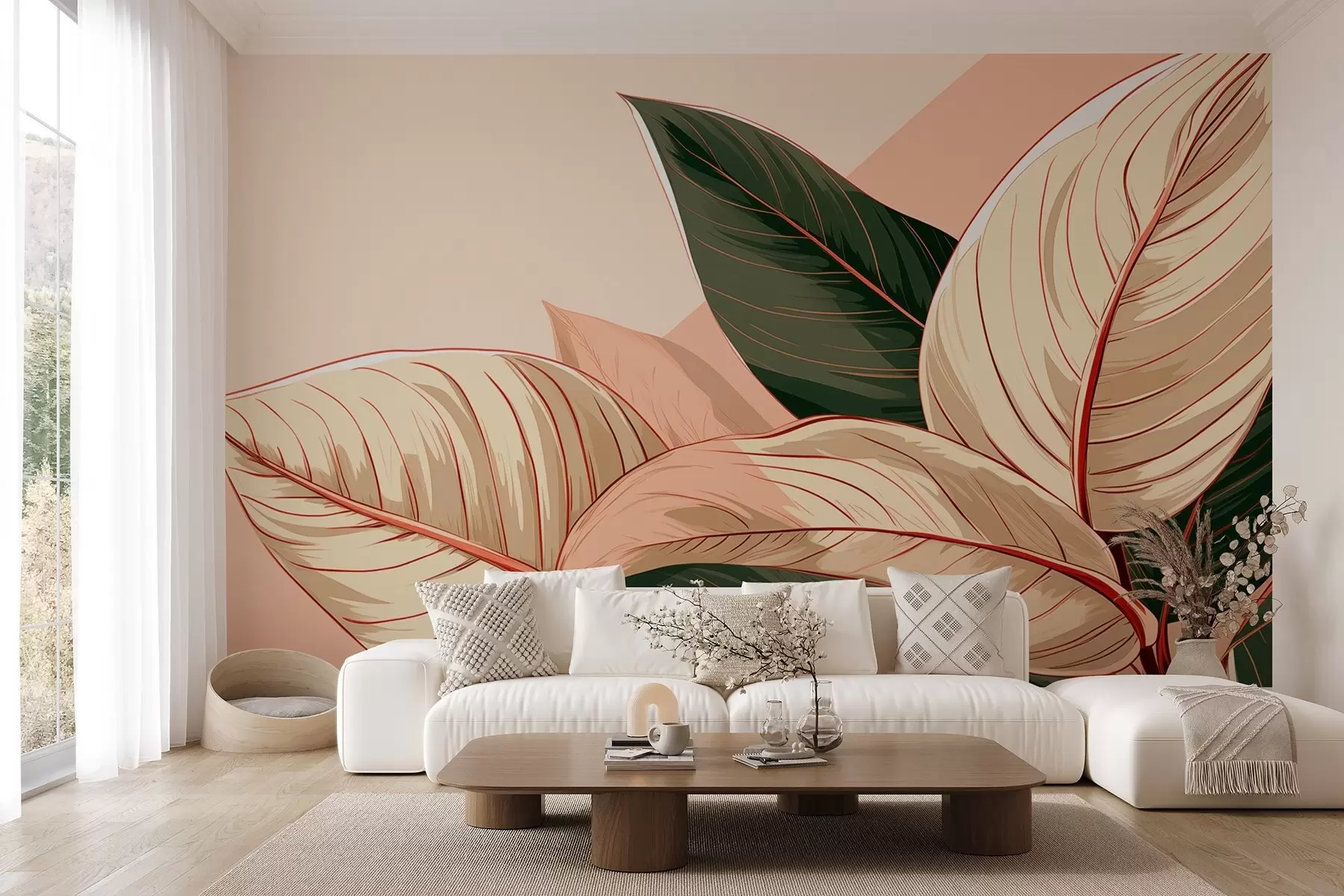 murales Hojas tropicales grandes verde-beige con un fragmento rosa w08970