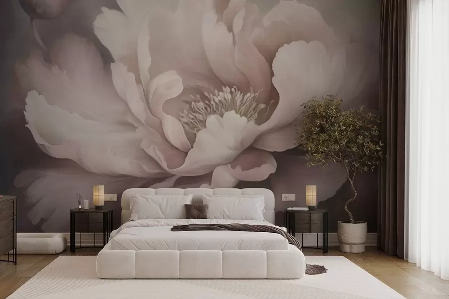 murales Flor de peonía en tonos pastel sobre fondo de niebla w03600v1