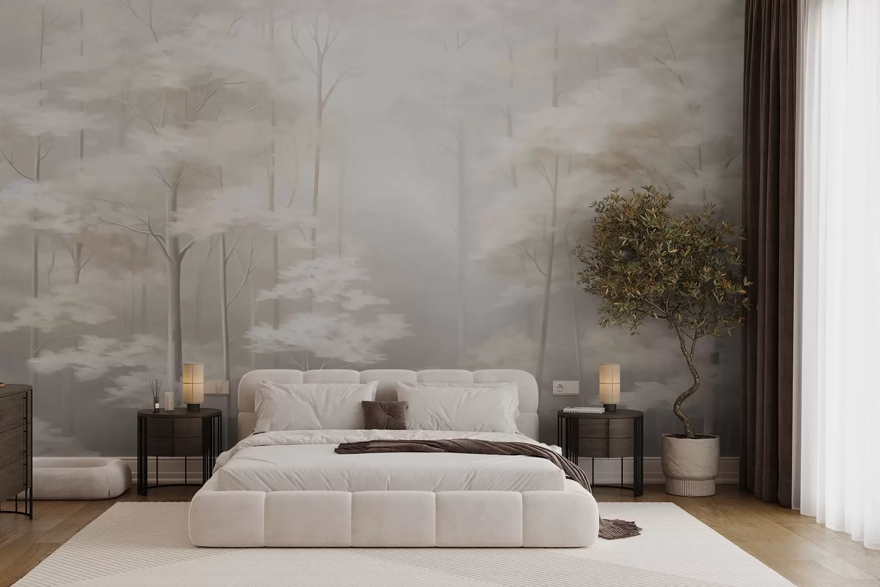 wall murals Misty forest with beautiful delicate trees w03599