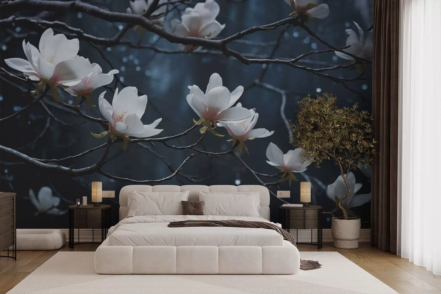 wall murals Blooming tree with branches on a dark background w03604